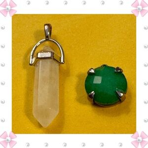 Pendants - 2 - silver tone (not 925) - white long crystal & round green. BOGO